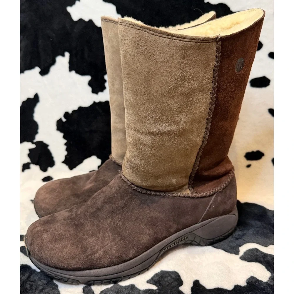 Merrell Womens Brown Suede Mid Calf Winter Boots Faux Fur Lined Air Cushion Sole